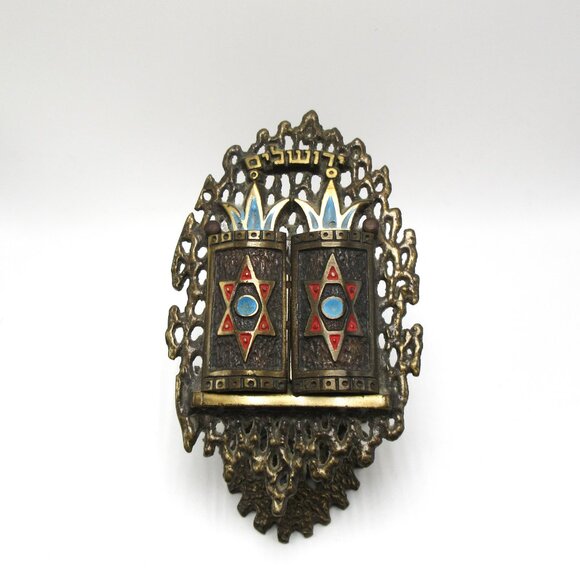 Vintage brass & enamel Ten Commandments on filigree base - hinged - Judaica - Picture 4 of 8